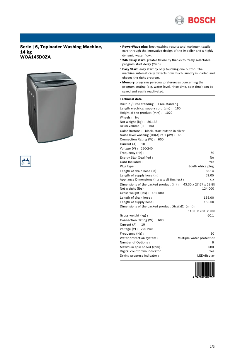 Página 1 del manual Ficha técnica Bosch WOA145D0ZA