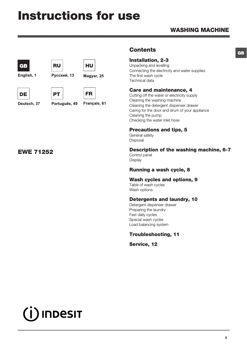 Página 1 del manual Manual de usuario Indesit EWE 71252 W EU