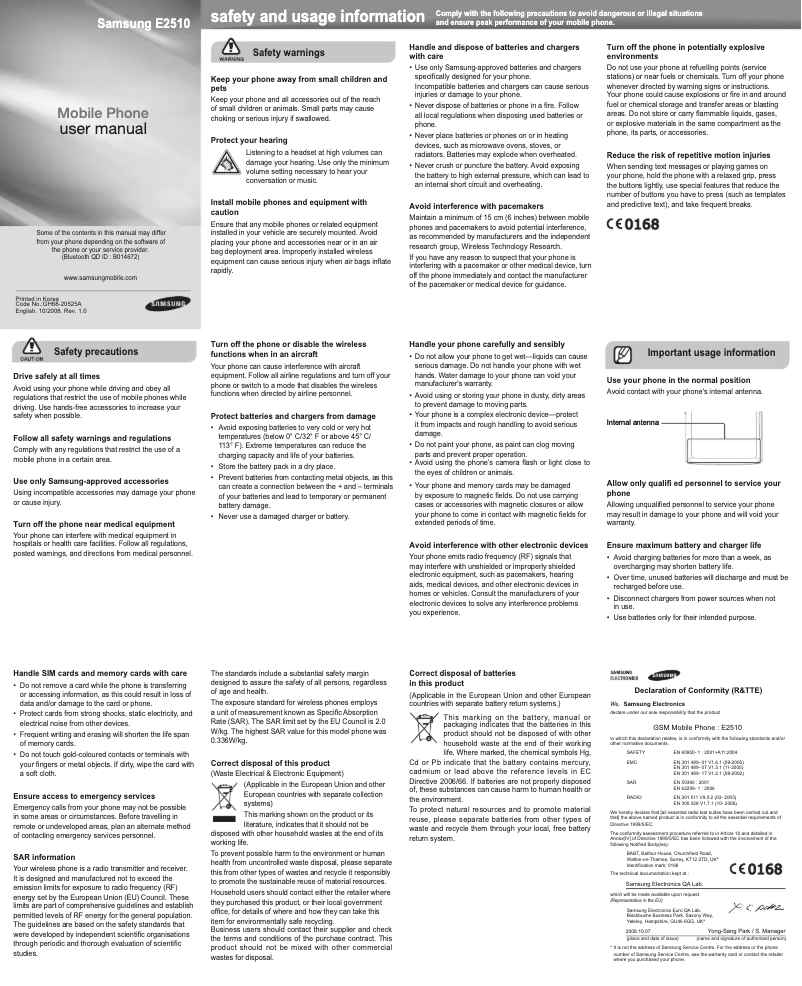 Imagen de la primera página del manual del dispositivo GT-E2510