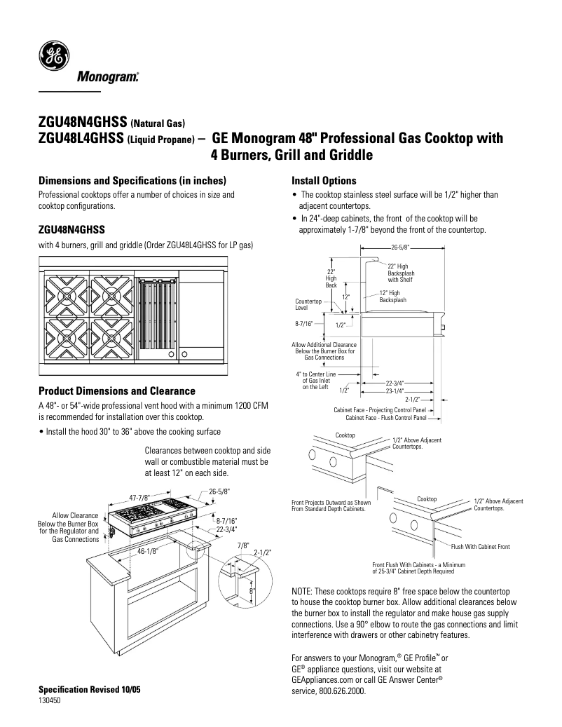 Página 1 del manual Ficha técnica GE ZGU48L4GHSS