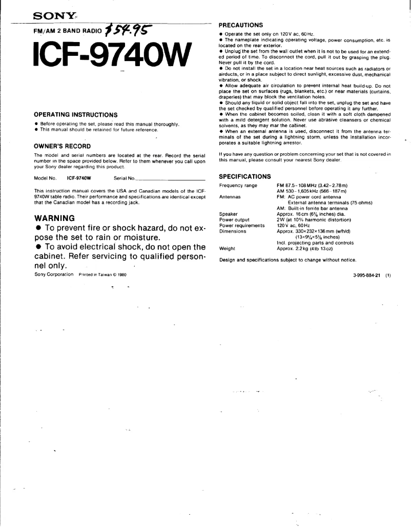Imagen de la primera página del manual del dispositivo ICF-9740W