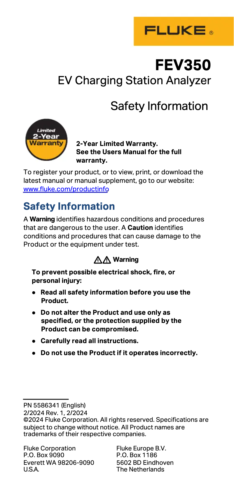 Página 1 del manual Instrucciones de seguridad Fluke FEV350