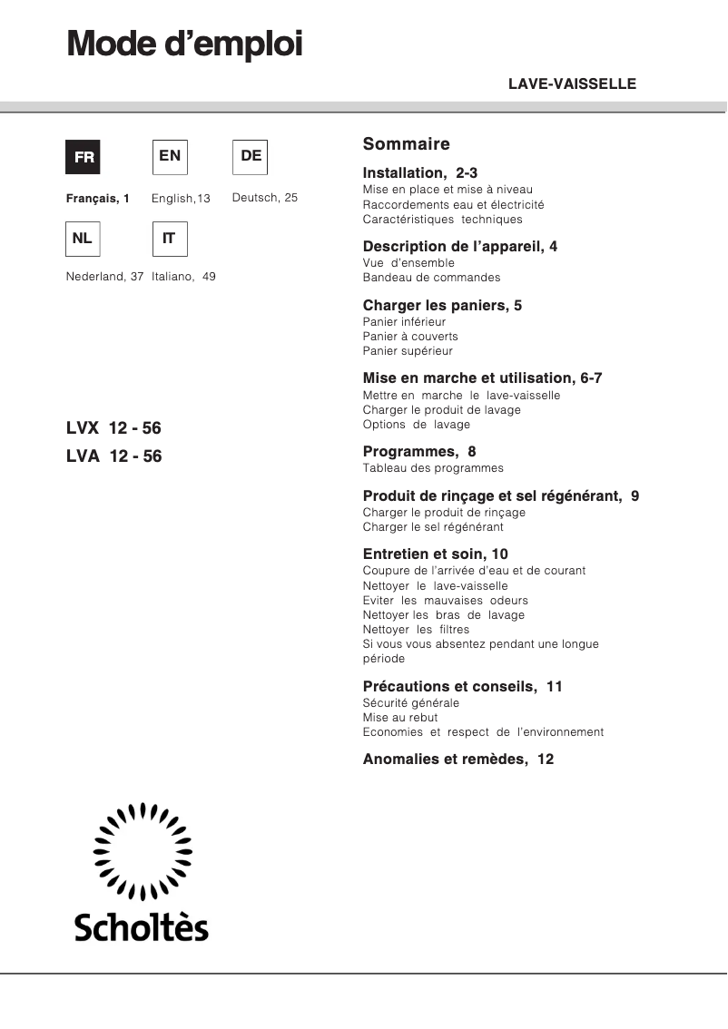Página 1 del manual Manual de usuario Scholtès LVX 12-56