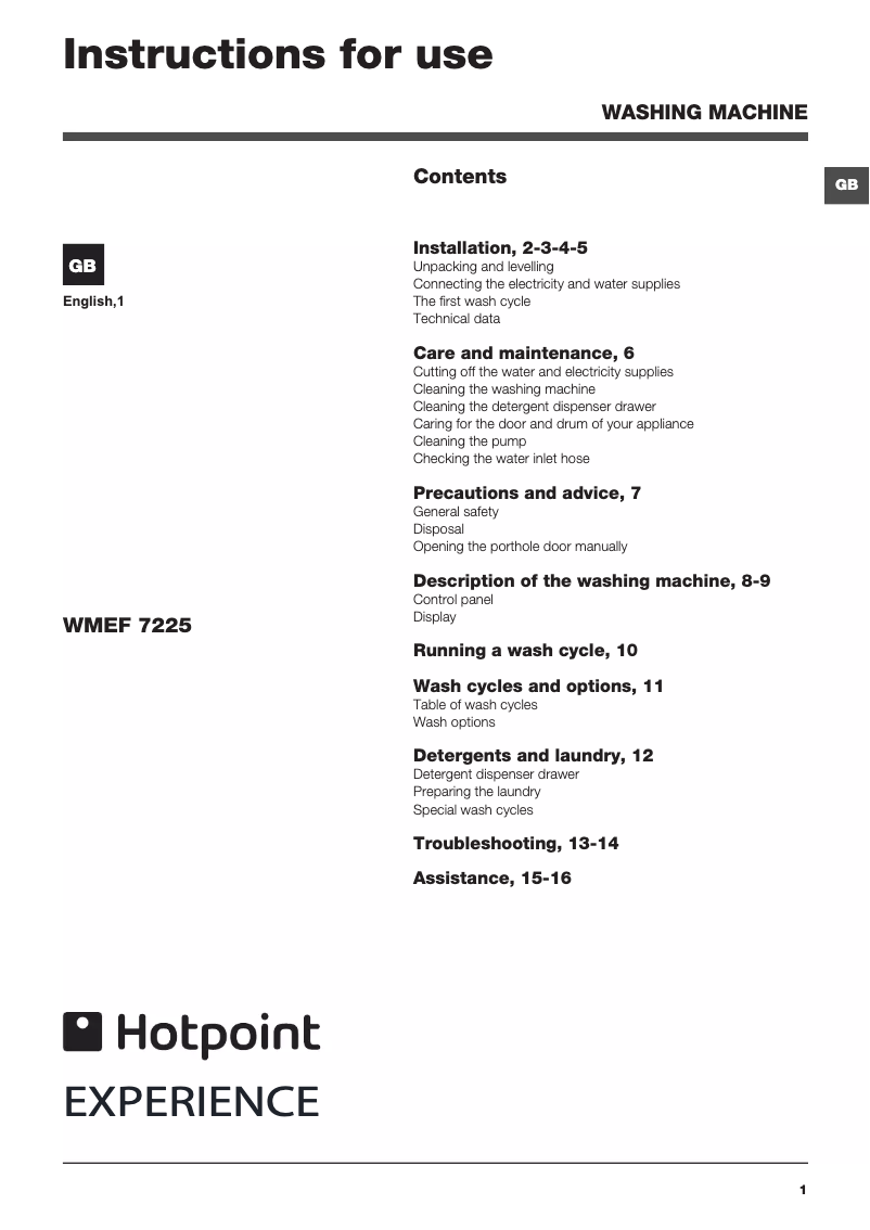 Página 1 del manual Manual de usuario Hotpoint Ariston WMEF 7225