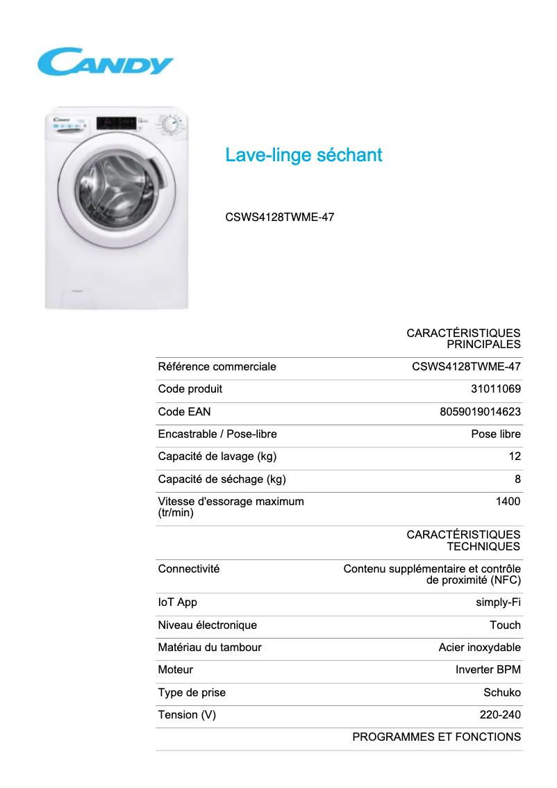 Página 1 del manual Ficha técnica Candy CSWS4128TWME-47