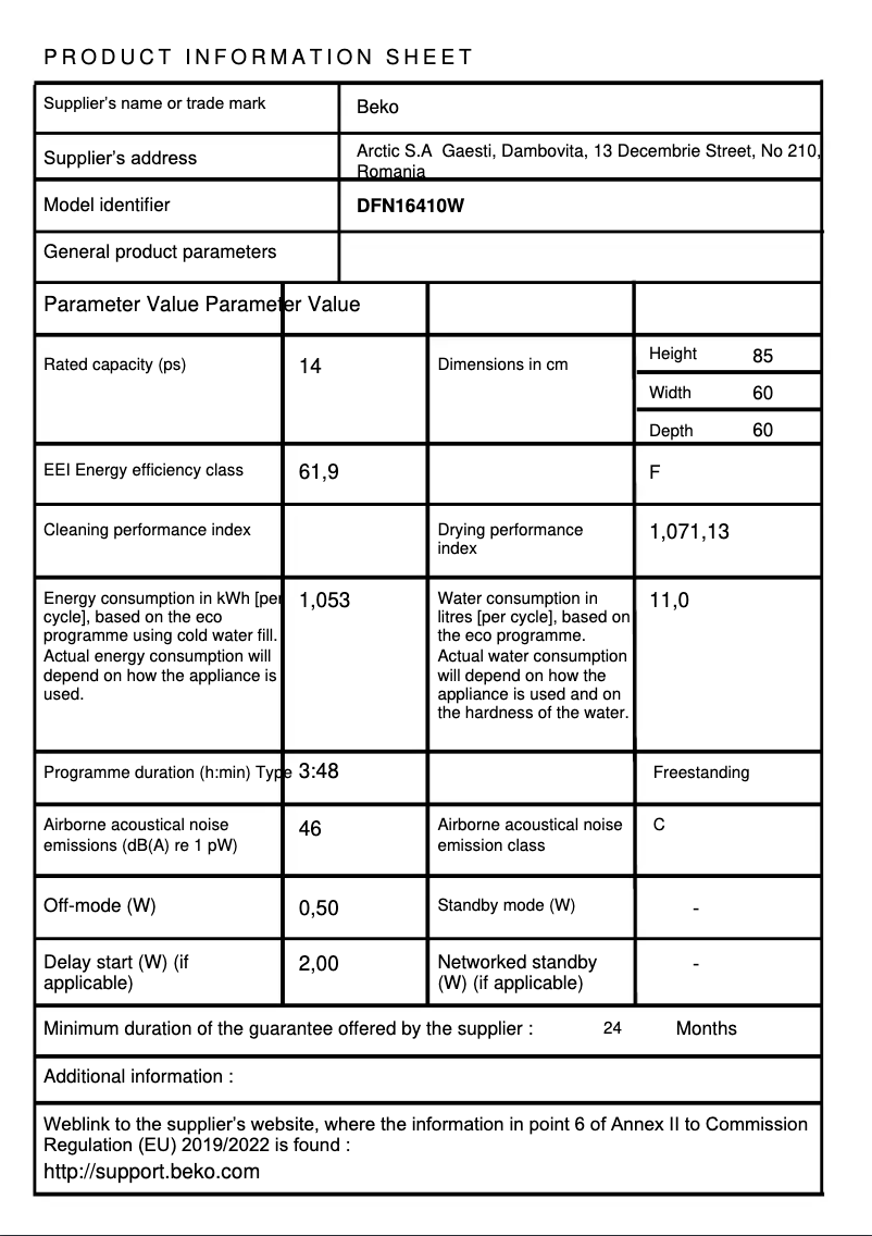 Página 1 del manual Ficha técnica Beko DFN16410W