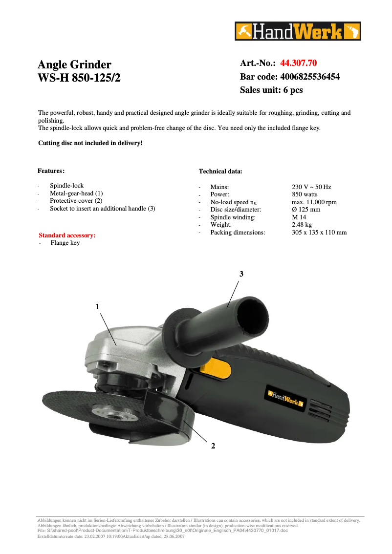 Página 1 del manual Manual de usuario Handwerk WS-H 850-125/2