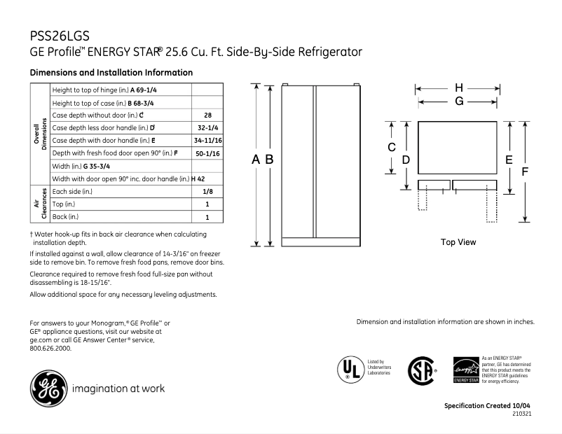 Página 1 del manual Ficha técnica GE Profile PSS26LGSWW