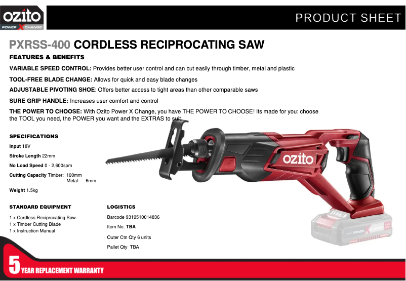 Página 1 del manual Ficha técnica Ozito PXRSS-400