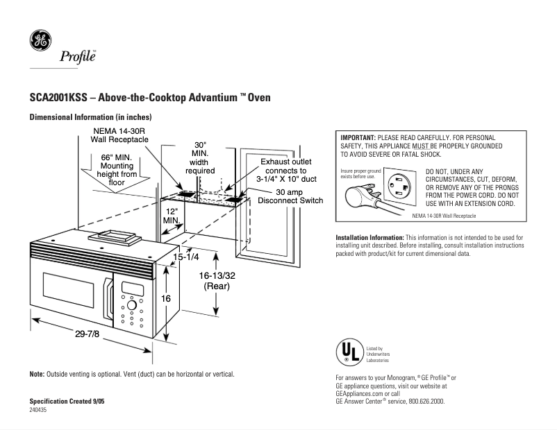 Página 1 del manual Ficha técnica GE SCA2001KSS
