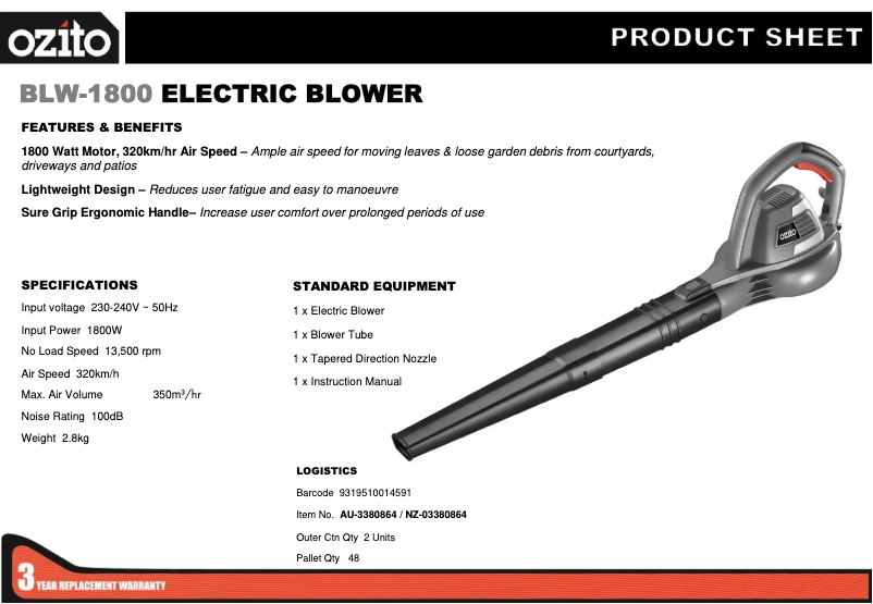 Página nº 1 - Ficha técnica Ozito BLW-1800