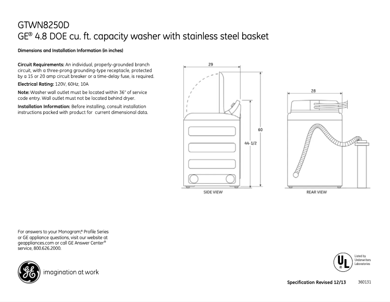 Página 1 del manual Ficha técnica GE GTWN8250DWS