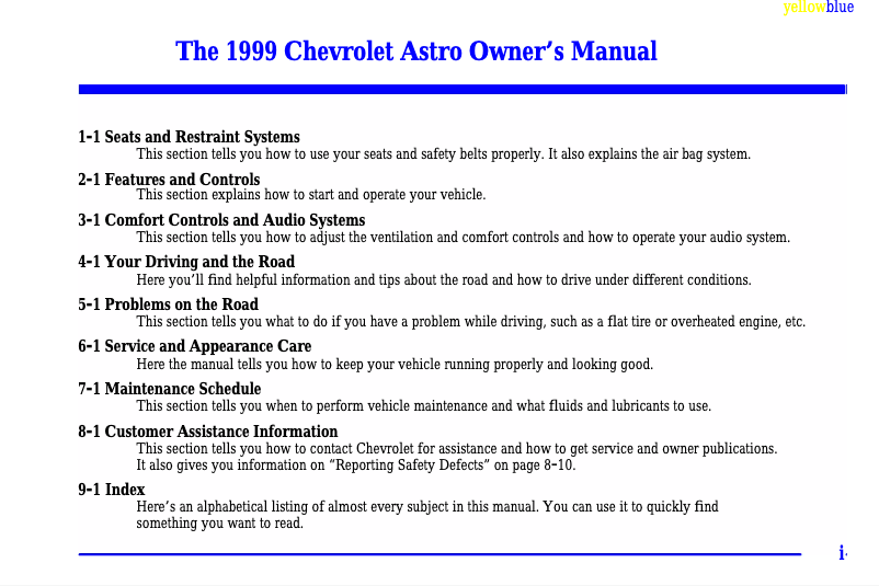 Página 1 del manual Manual de usuario Chevrolet Astro Passenger (1999)