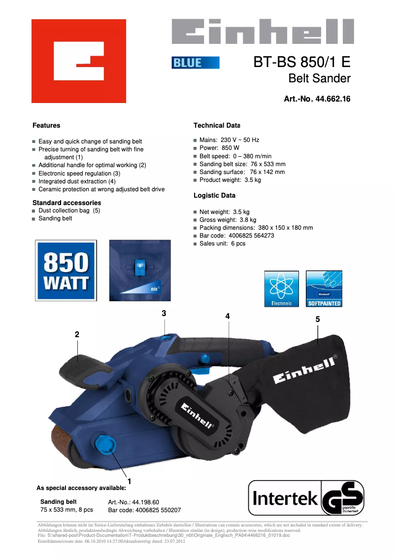 Página 1 del manual Ficha técnica Einhell BT-BS 850/1 E