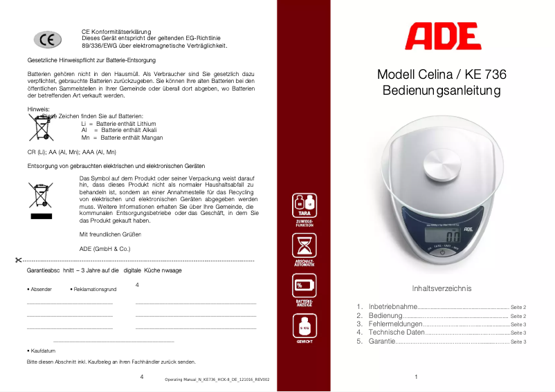 Imagen de la primera página del manual del dispositivo Celina KE 736