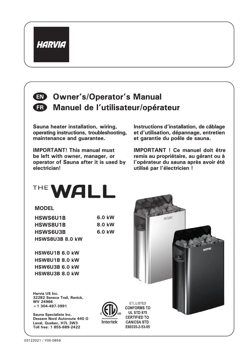 Página 1 del manual Manual de usuario Harvia The Wall SW60 HSW6U1B