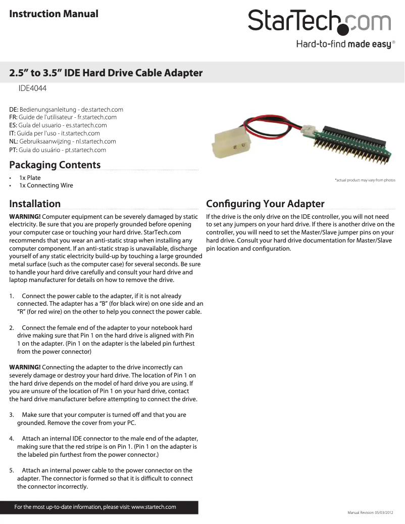 Imagen de la primera página del manual del dispositivo IDE4044