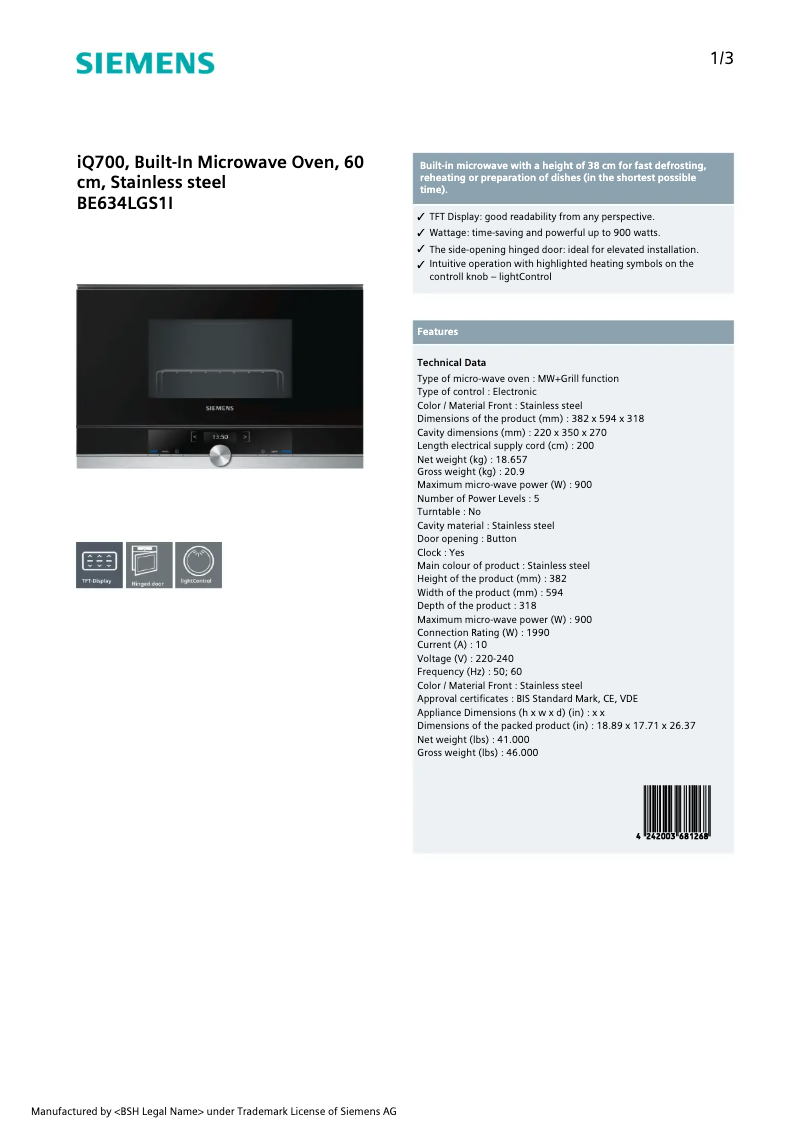 Página nº 1 - Ficha técnica Siemens BE634LGS1I