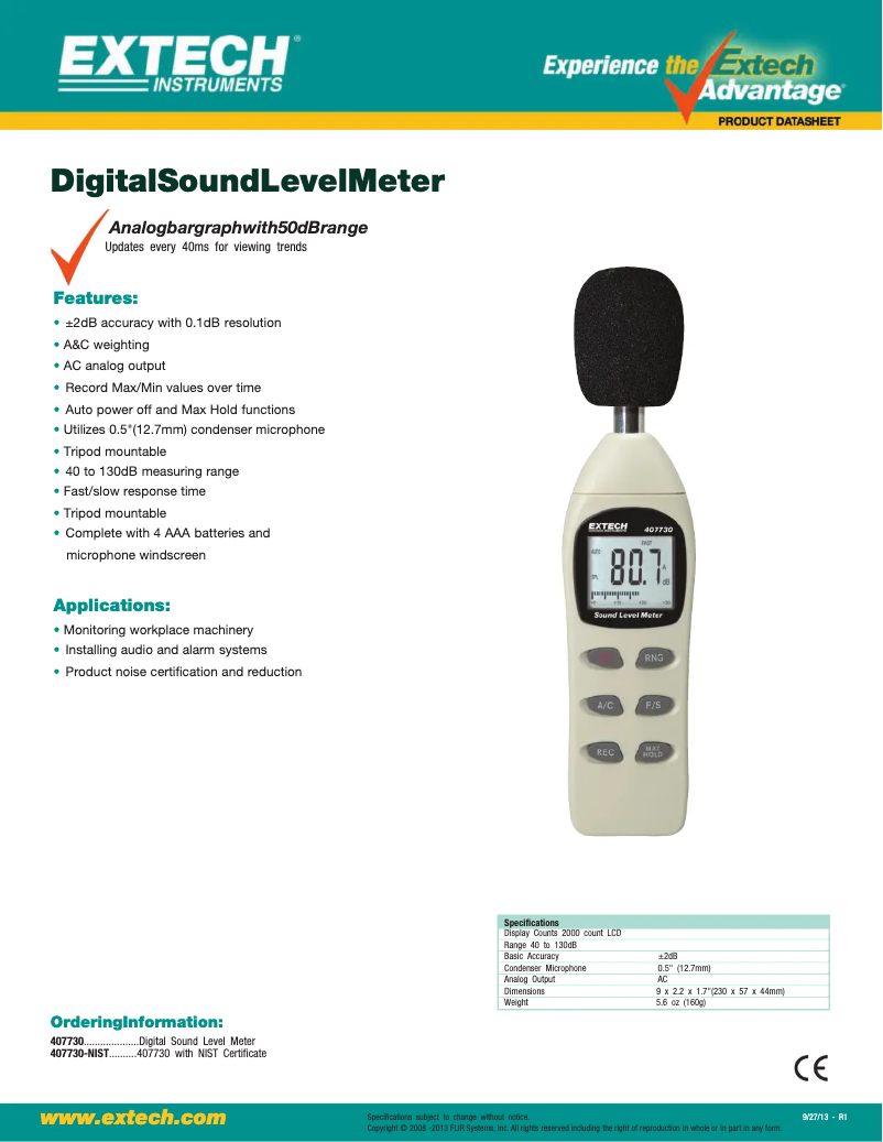 Página 1 del manual Ficha técnica Extech 407730