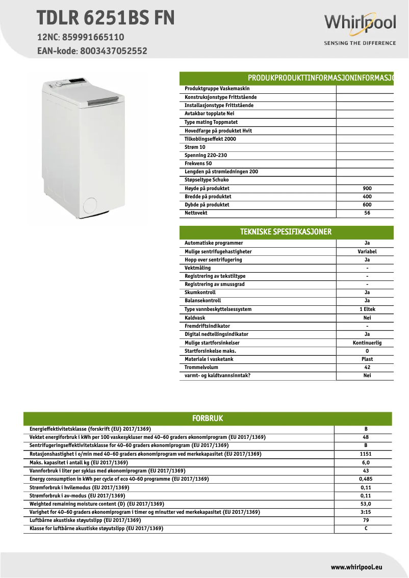 Página 1 del manual Ficha técnica Whirlpool TDLR 6251BS FN
