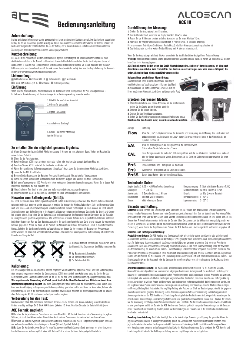 Imagen de la primera página del manual del dispositivo ACE III