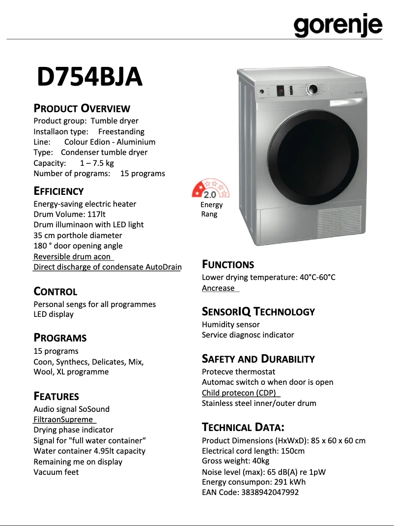 Página 1 del manual Ficha técnica Gorenje D754BJA