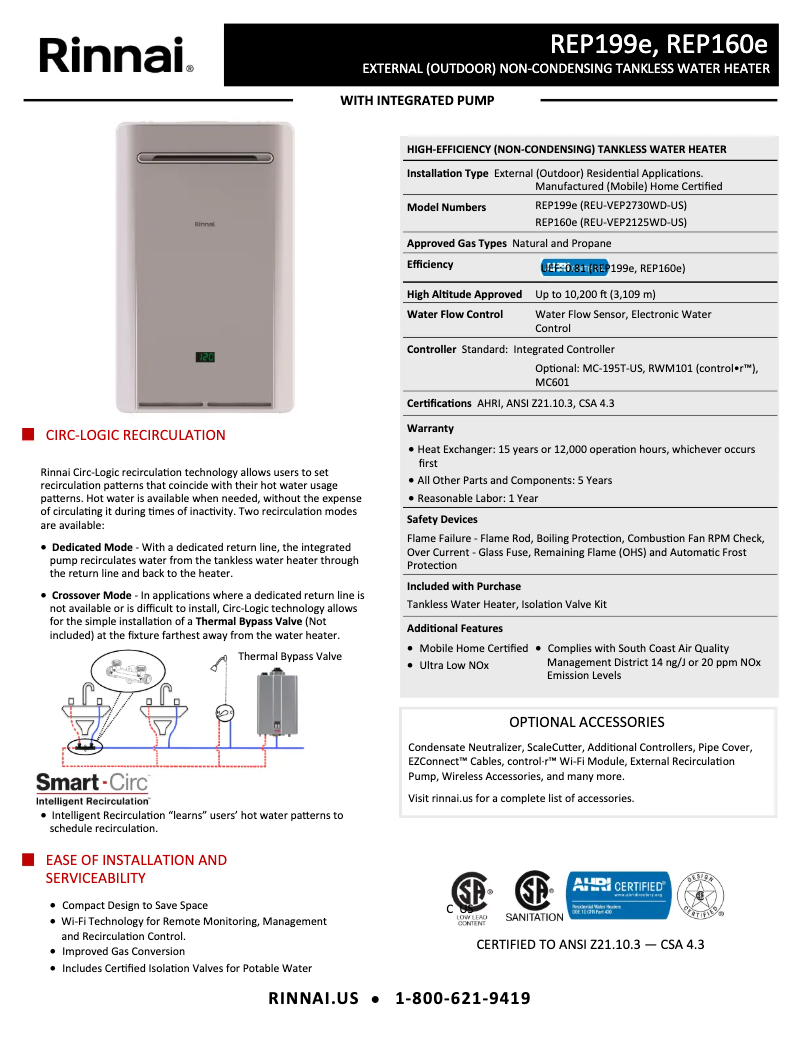 Página 1 del manual Ficha técnica Rinnai REP160eP