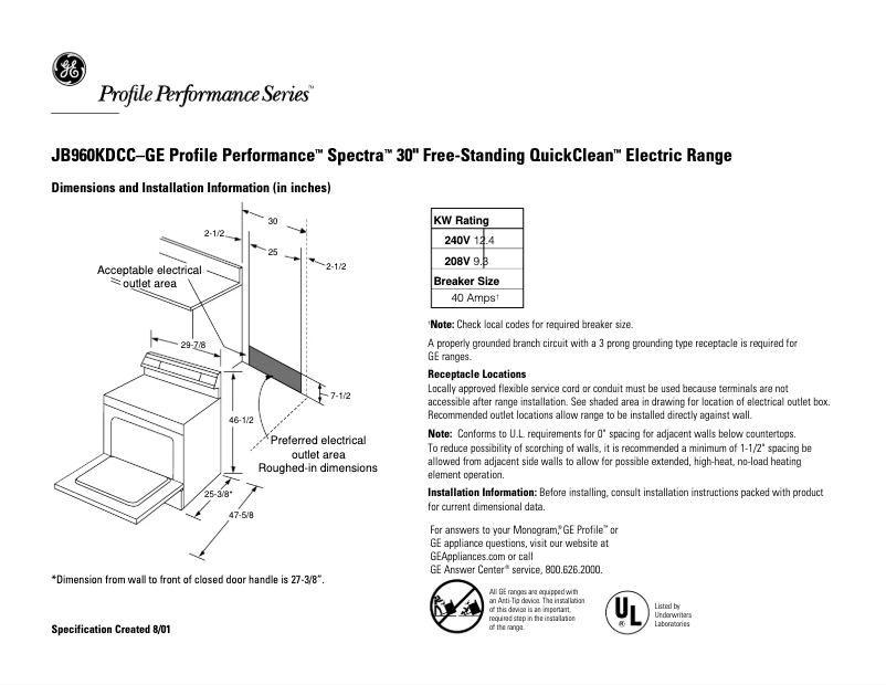 Página 1 del manual Ficha técnica GE Profile Spectra JB960KDCC