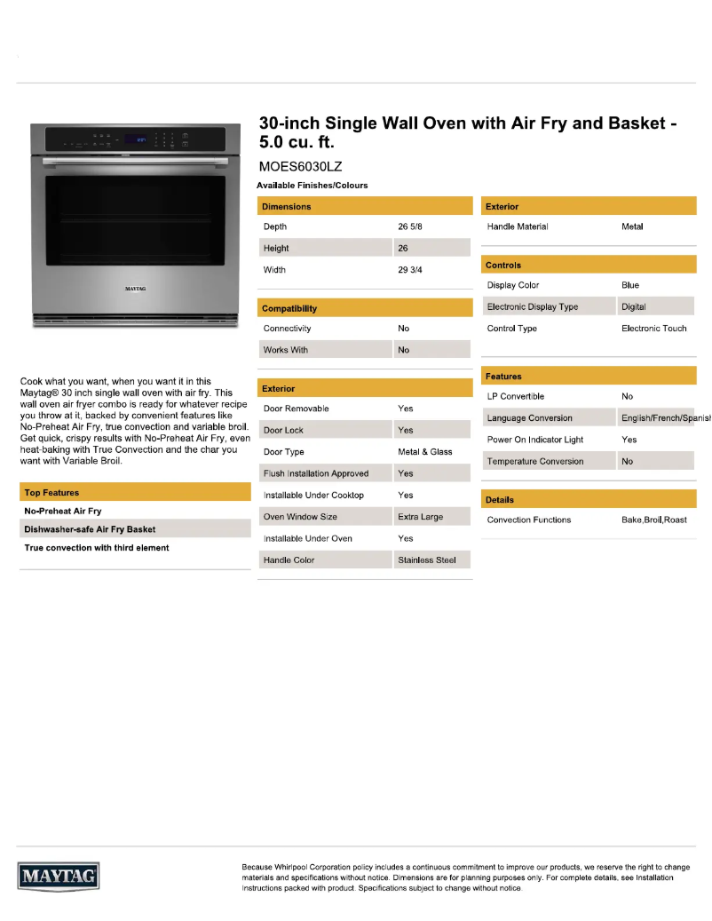 Página 1 del manual Ficha técnica Maytag MOES6030LZ
