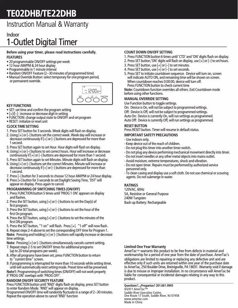 Página 1 del manual Manual de usuario AmerTac TE22DHB
