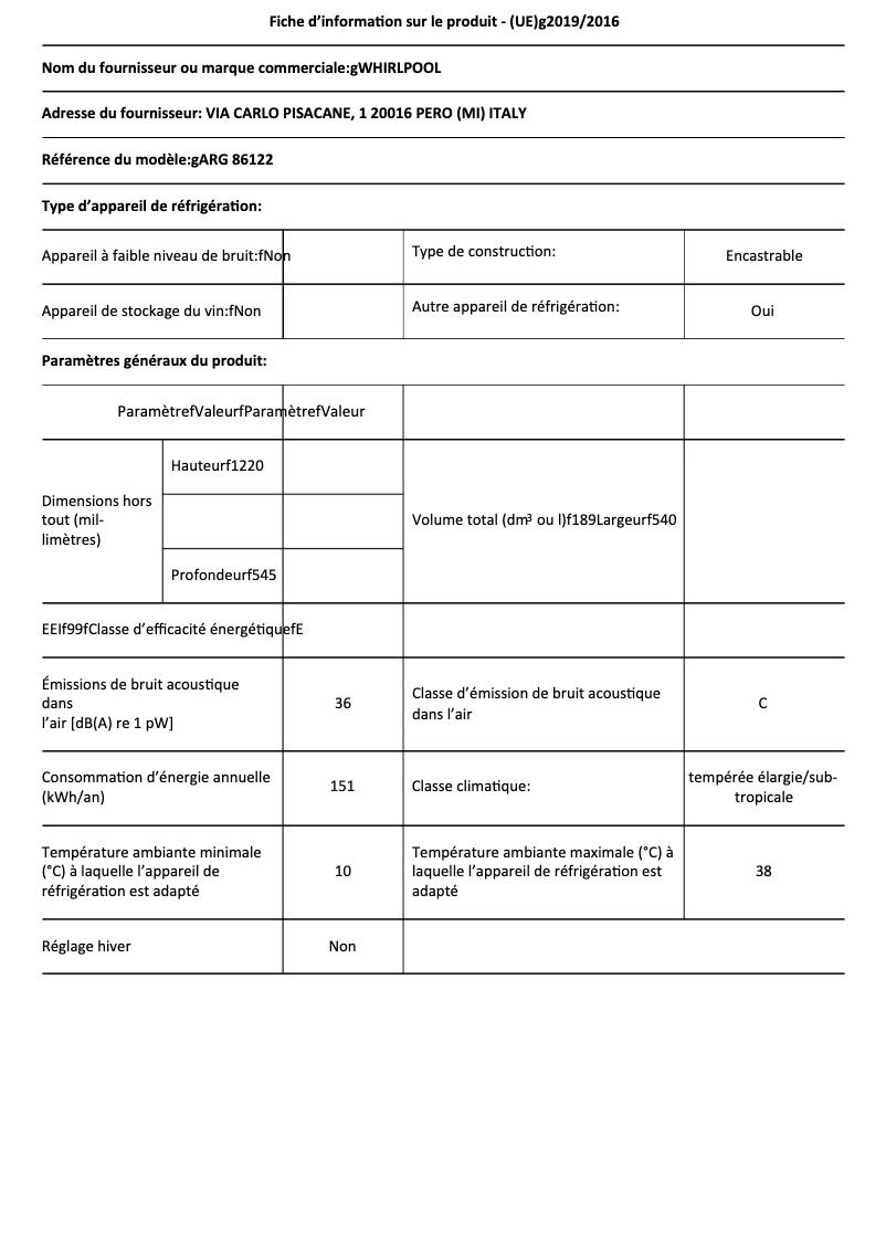 Página 1 del manual Ficha técnica Whirlpool ARG 86122