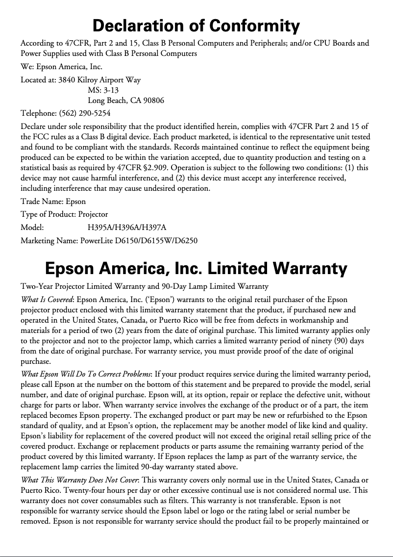 Página 1 del manual Información de garantía Epson PowerLite D6155W