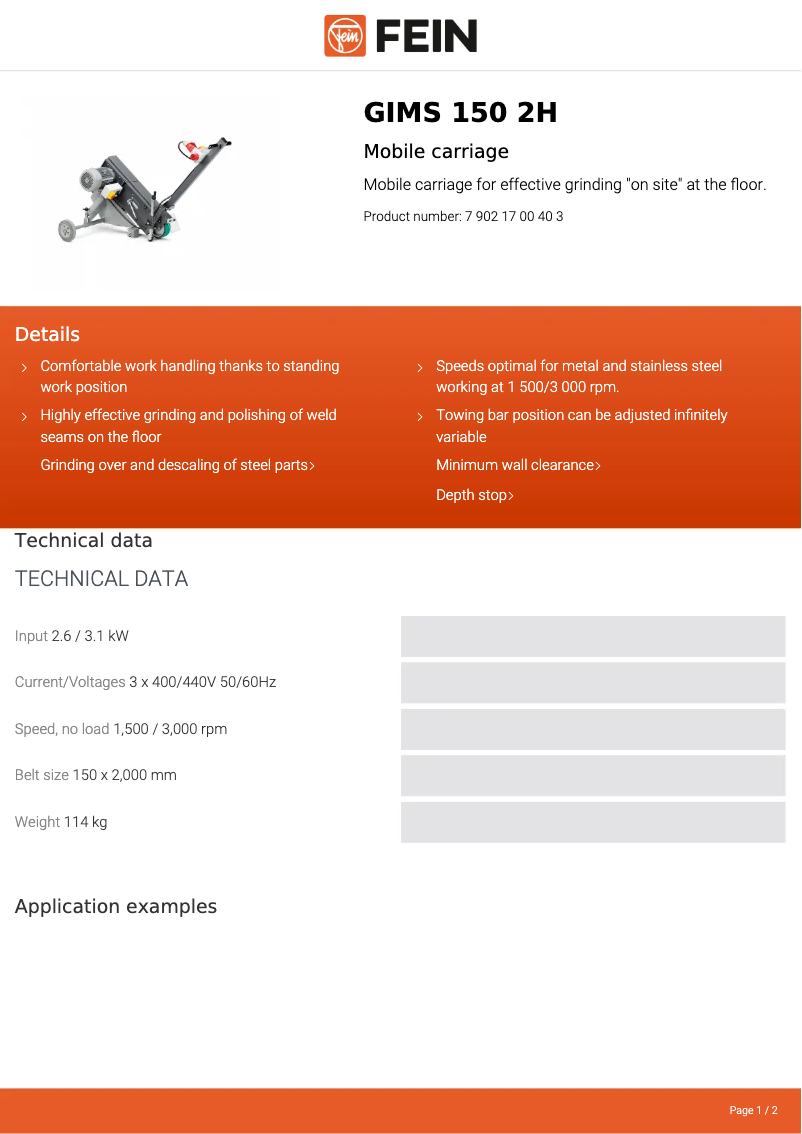 Página 1 del manual Ficha técnica Fein GIMS 150 2H