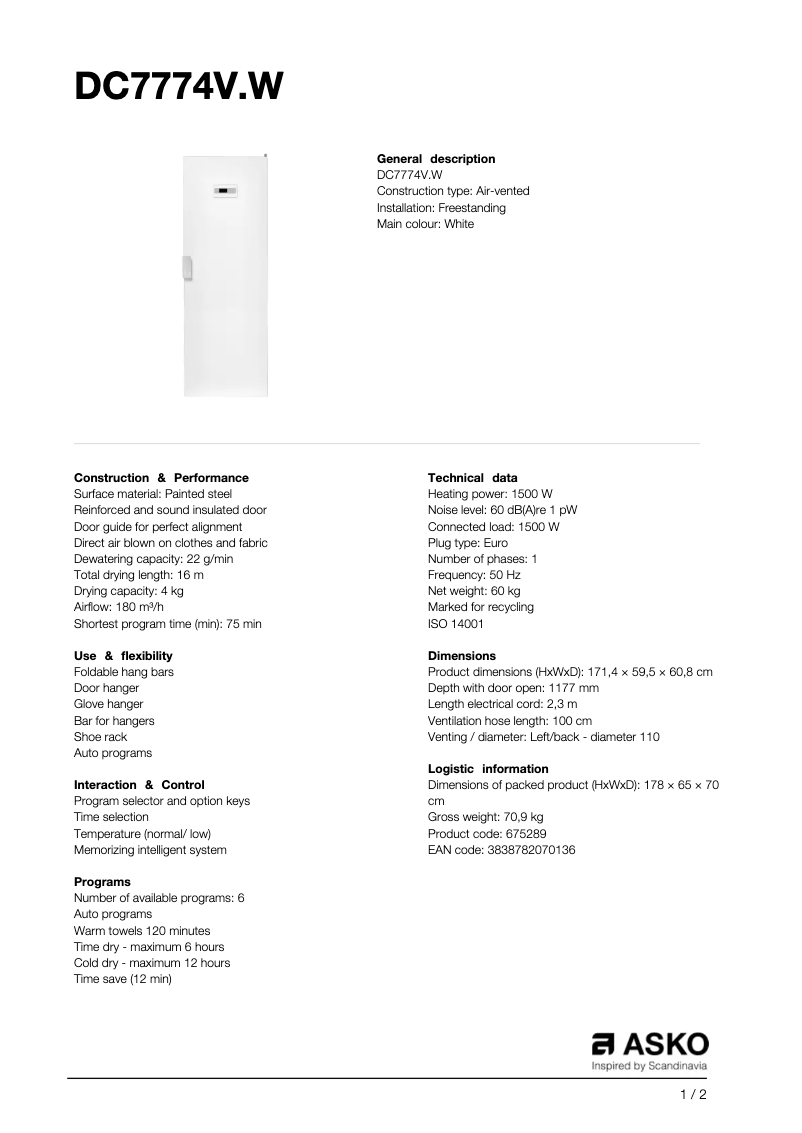 Página 1 del manual Ficha técnica Asko DC7774V.W