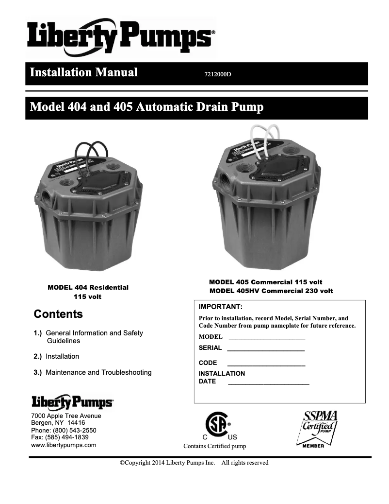 Página nº 1 - Manual de usuario Liberty Pumps 405HV