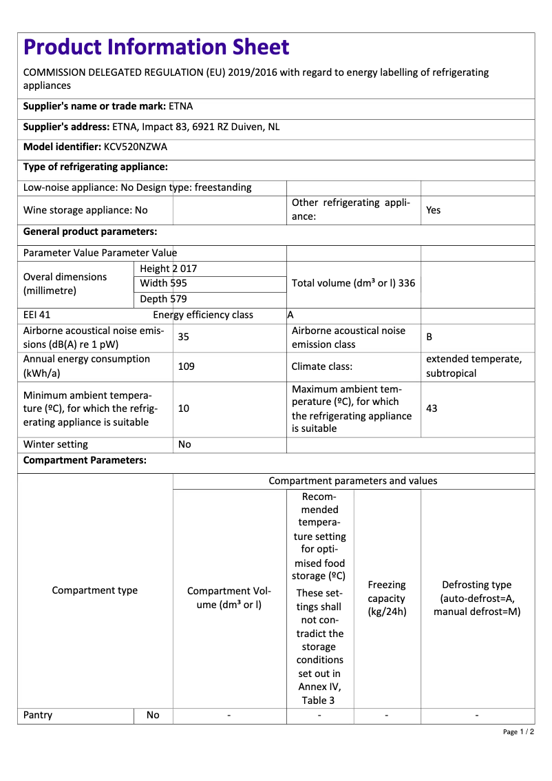 Página 1 del manual Ficha técnica Etna KCV520NZWA