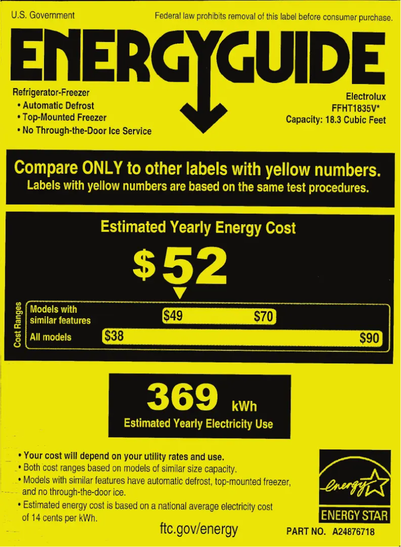 Página 1 del manual Etiqueta energética Frigidaire FFHT1835VB