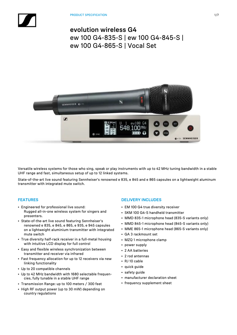 Página 1 del manual Ficha técnica Sennheiser ew 100 G4-835-S