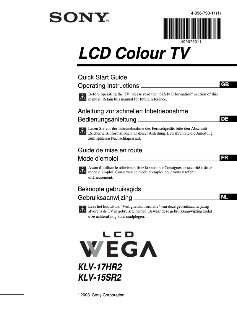 Imagen de la primera página del manual del dispositivo KLV-15SR2S