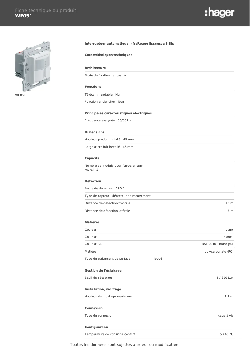 Página 1 del manual Ficha técnica Hager WE051