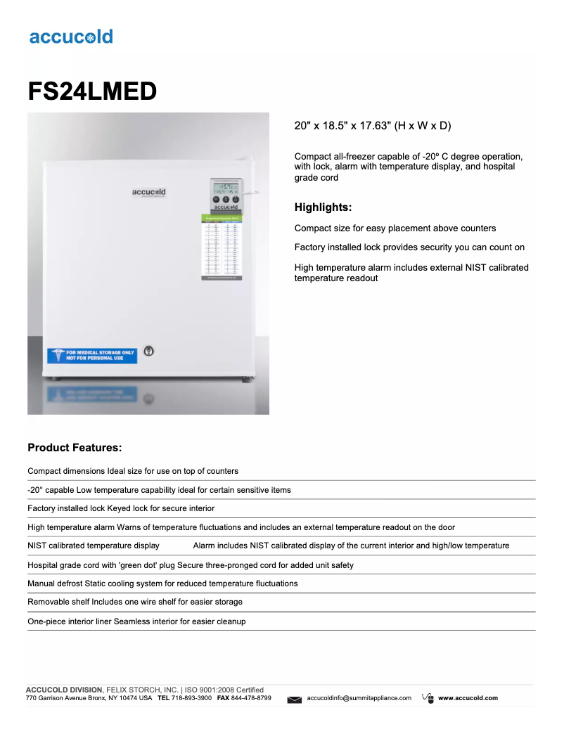 Página 1 del manual Ficha técnica Summit Accucold FS24LMED