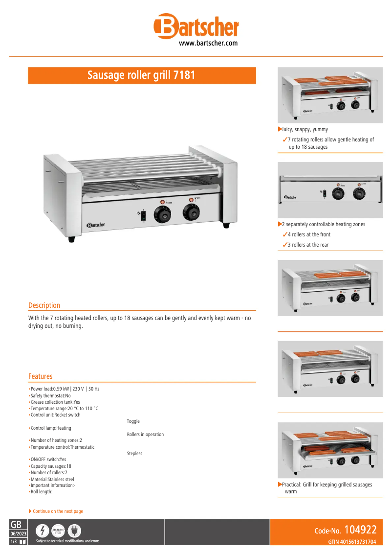 Página 1 del manual Ficha técnica Bartscher 104922