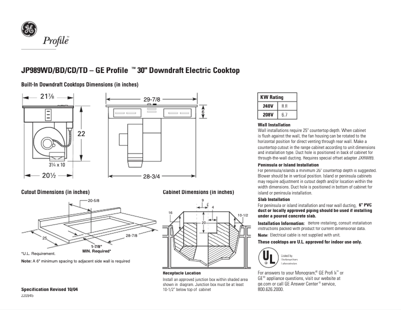 Página 1 del manual Ficha técnica GE Profile JP989CDCC