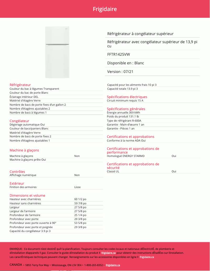 Imagen de la primera página del manual del dispositivo FFTR1425VW