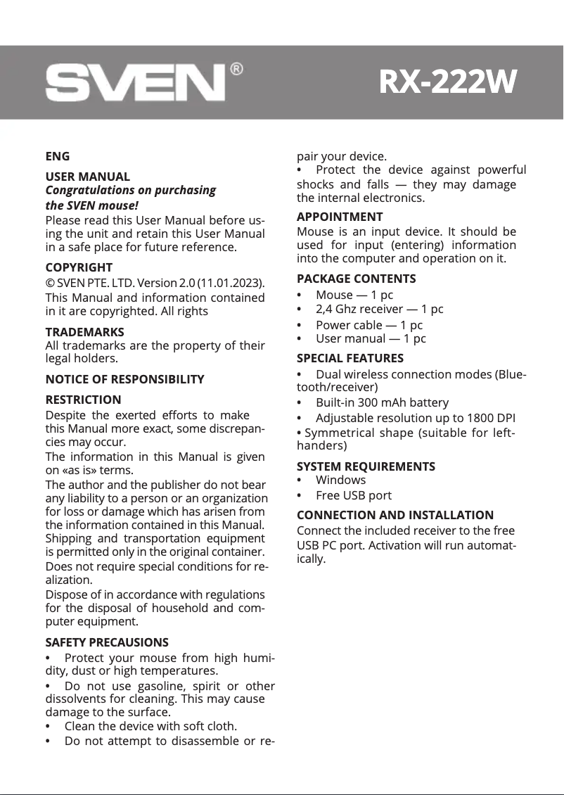 Imagen de la primera página del manual del dispositivo RX-222W