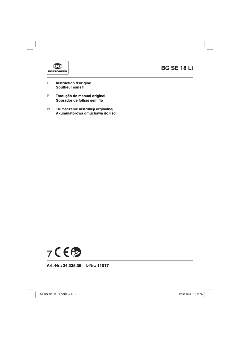 Imagen de la primera página del manual del dispositivo BG SE 18 Li