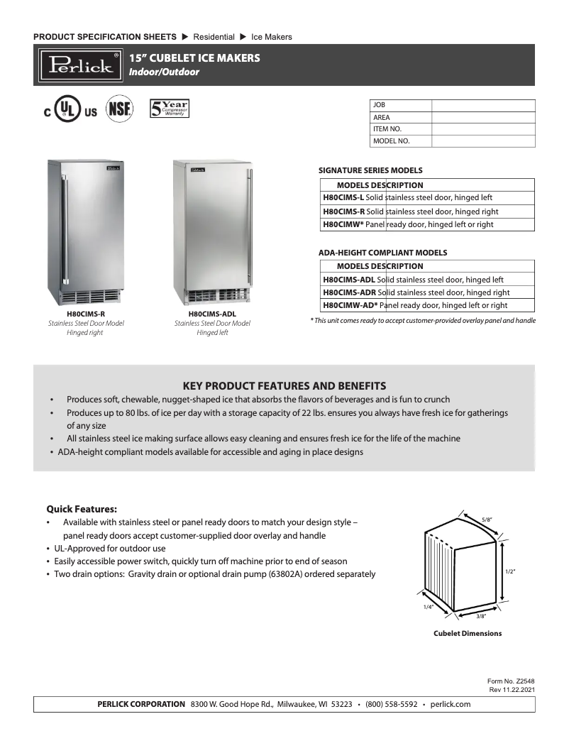 Página 1 del manual Ficha técnica Perlick H80CIMS-ADL