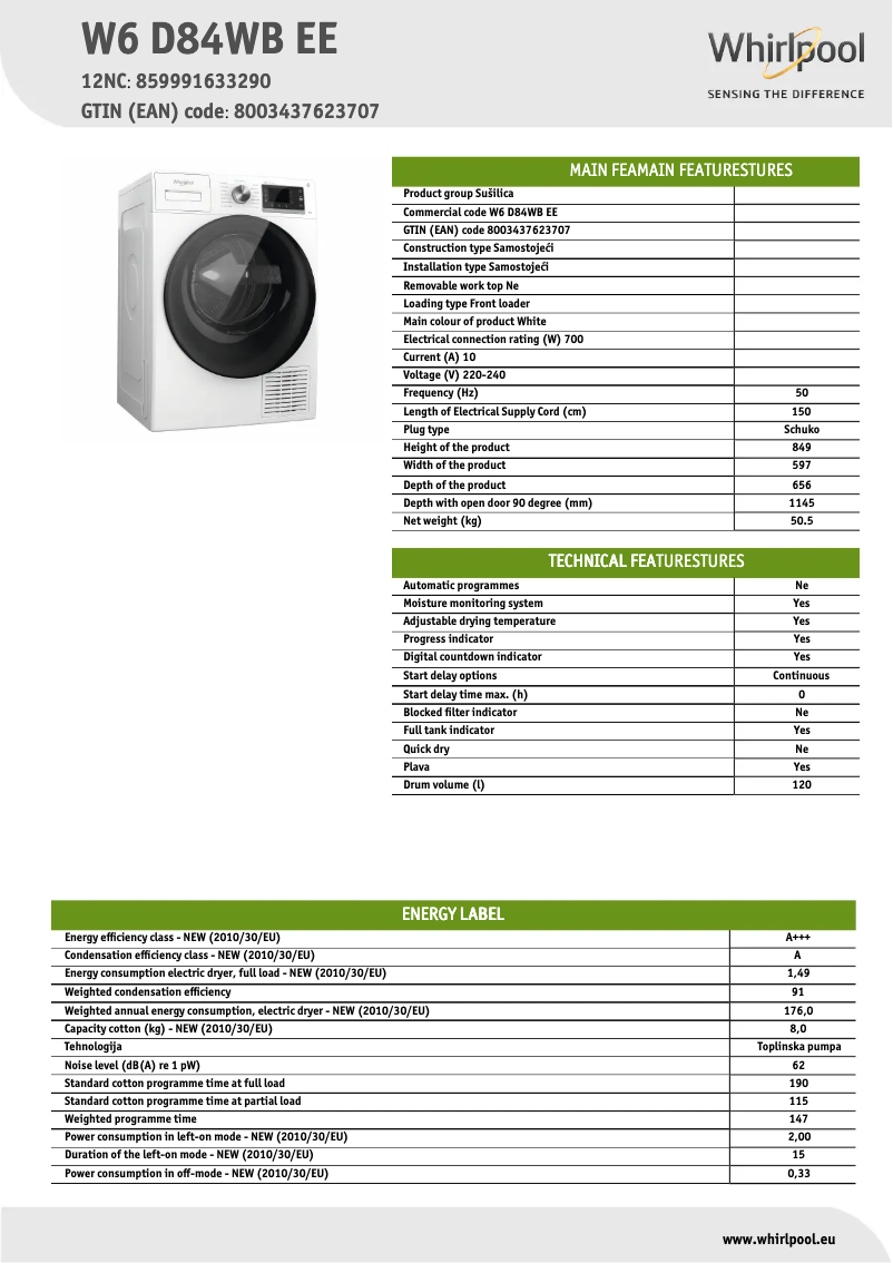 Página nº 1 - Ficha técnica Whirlpool W6 D84WB EE
