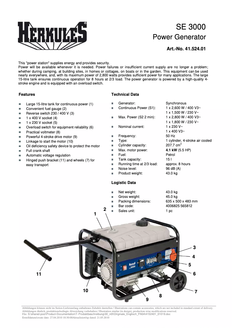 Página 1 del manual Ficha técnica Herkules SE 3000