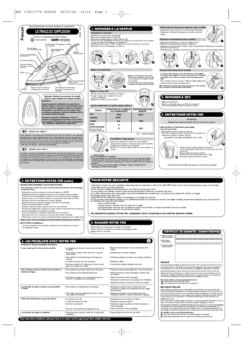 Página 1 del manual Manual de usuario Tefal Ultragliss Diffusion FV4180